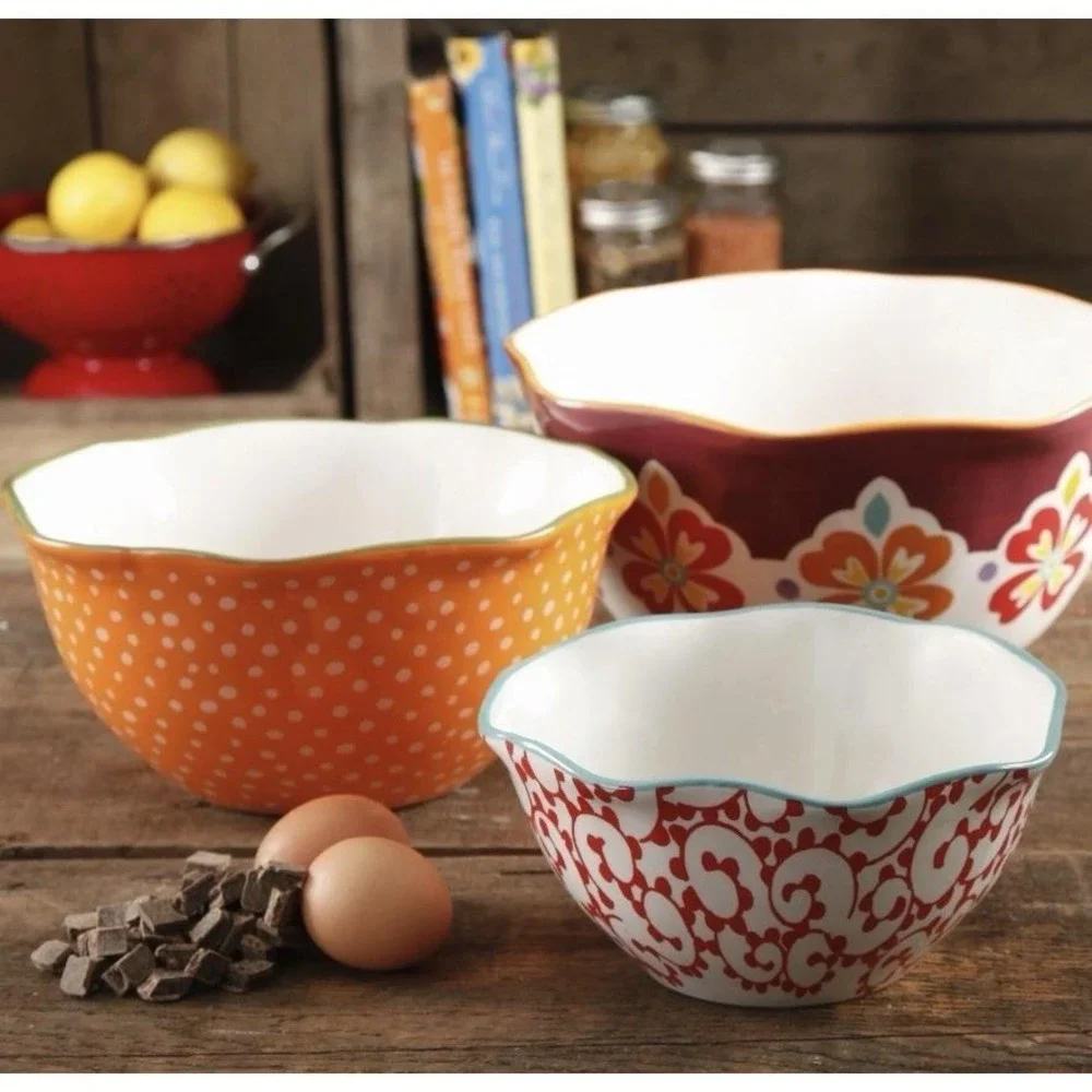 The Pioneer Woman Flea Market 3-Piece Nesting Stoneware Bowl Set Mixing Ceramic